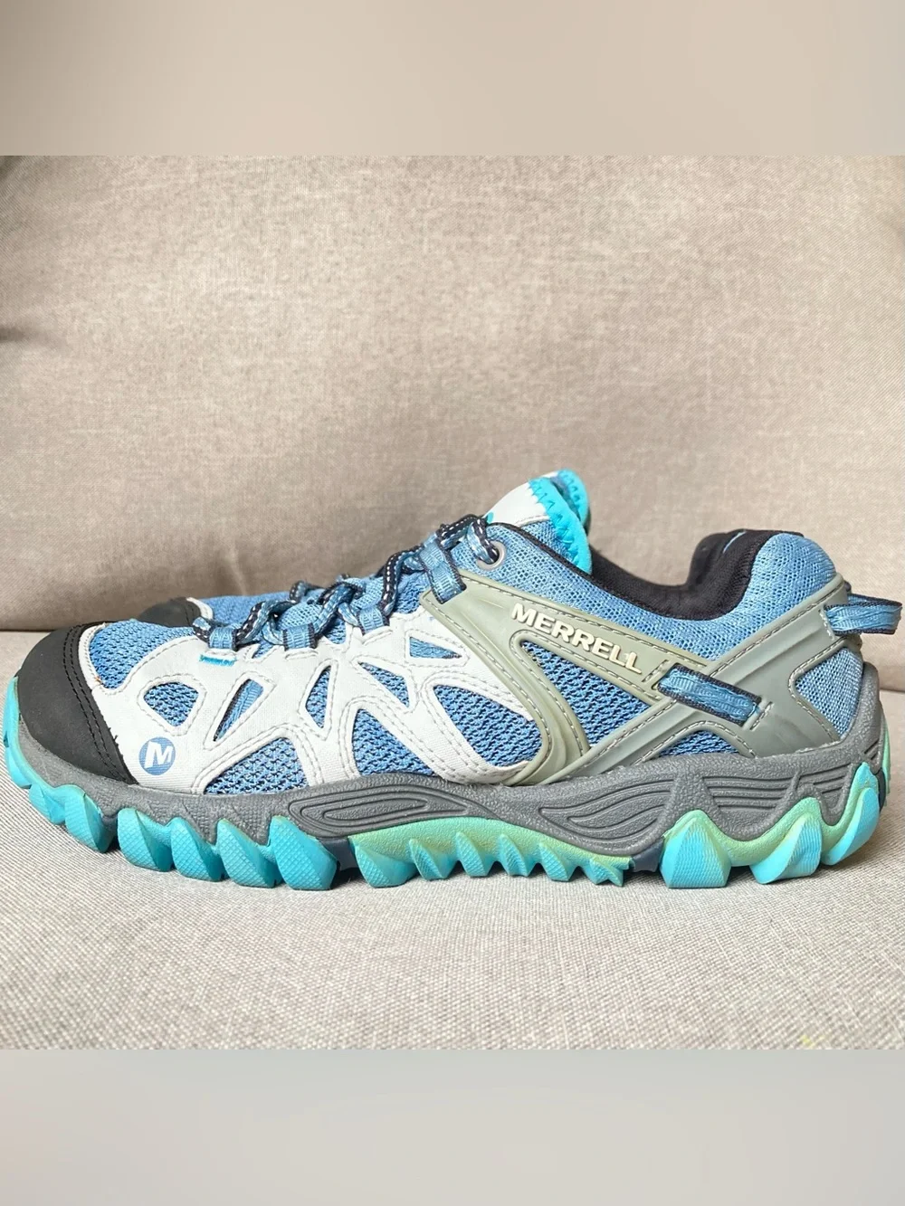 Merrell All Out Blaze Aero Sport Hiking Trail Shoes Vibram Blue Heaven Women’s 8